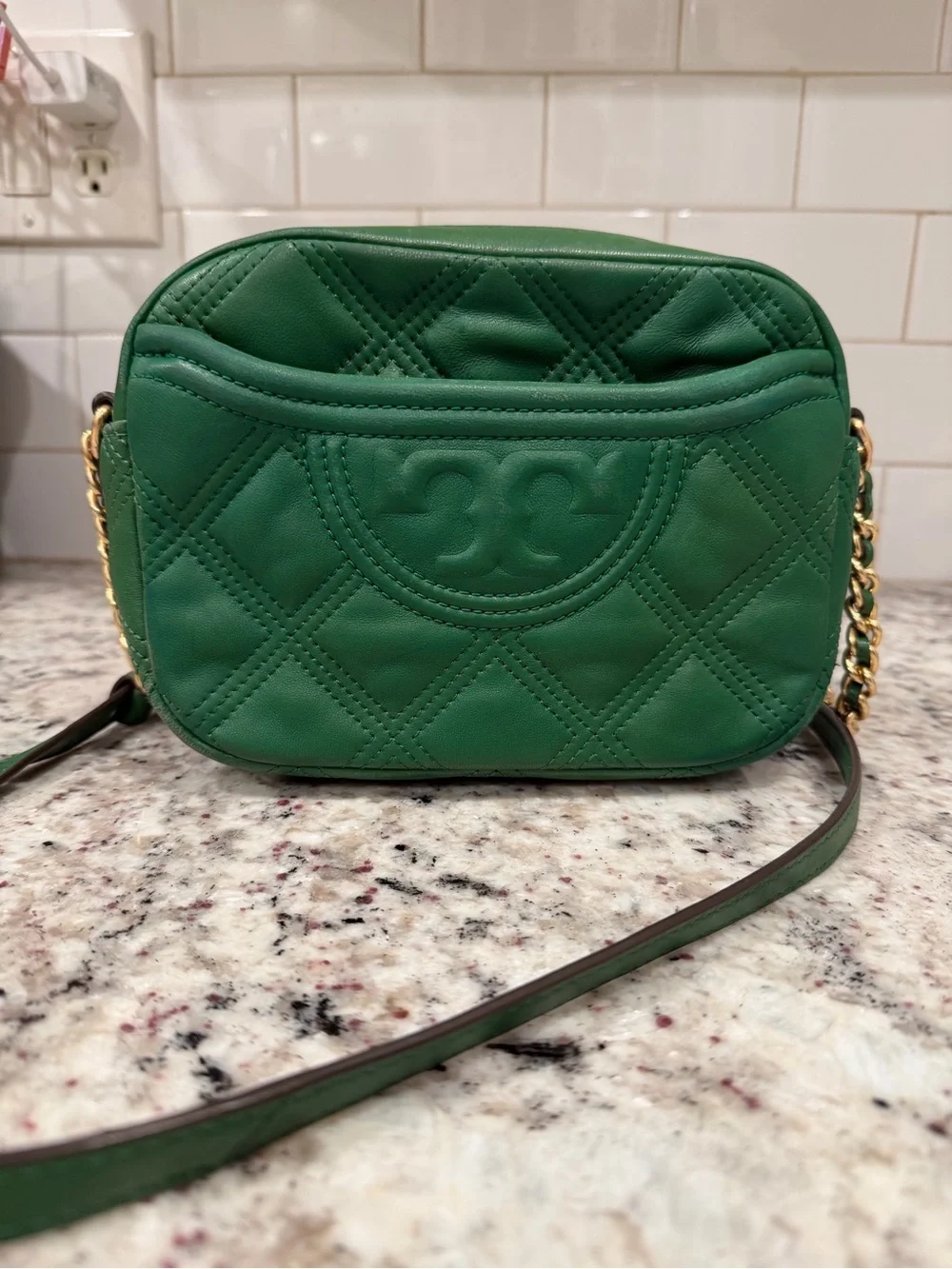 Tory Burch Green Quilted Leather Crossbody Bag with Chain Strap